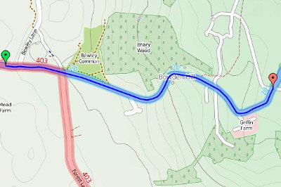 OSM map of Bowden hill, showing West to East route oast Bewley Common and Briary Wood.